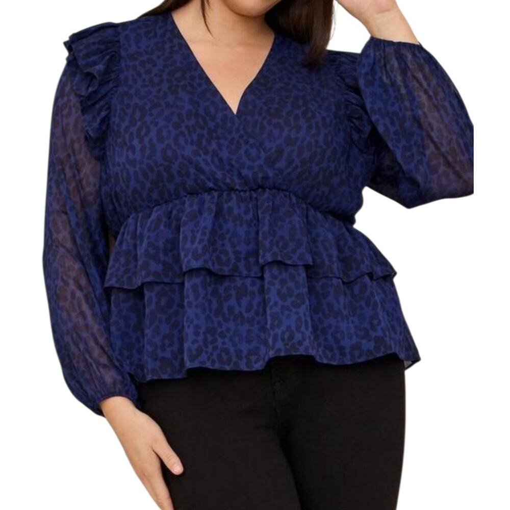 Torrid Blue Chiffon Animal Print Ruffle Tiered Peplum Blouse SZ 1X Mob‎ Wife